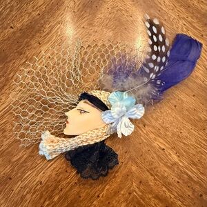 Vintage Ladies Head Brooch Painted W. Feather Hat - Art Deco Pin